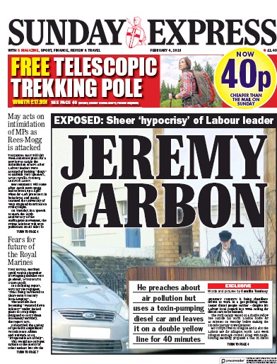 Daily Express Sunday Newspaper Front Page for 4 February 2018