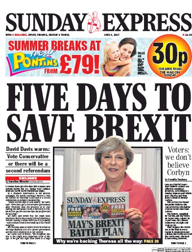 Daily Express Sunday Newspaper Front Page for 4 June 2017