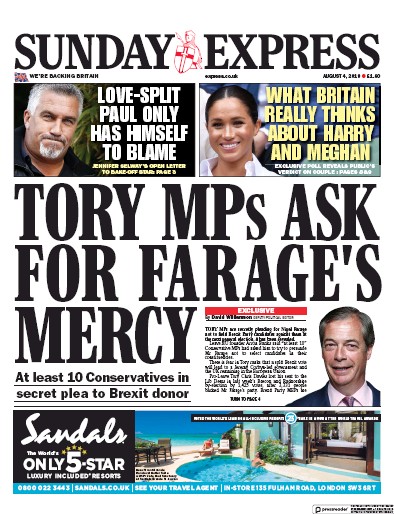 Daily Express Sunday Newspaper Front Page for 4 August 2019