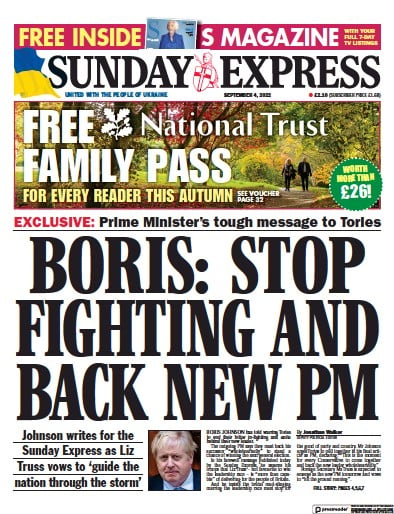Daily Express Sunday (UK) Newspaper Front Page for 4 September 2022