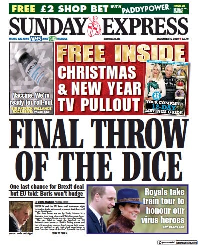 Daily Express Sunday Newspaper Front Page for 6 December 2020