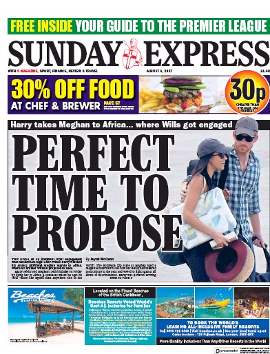 Daily Express Sunday Newspaper Front Page for 6 August 2017