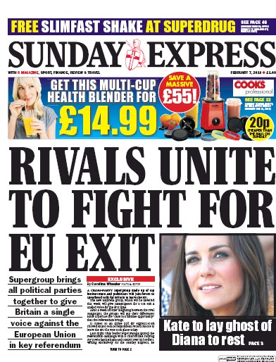 Daily Express Sunday Newspaper Front Page for 7 February 2016