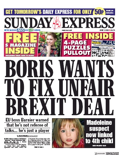 Daily Express Sunday Newspaper Front Page for 7 June 2020