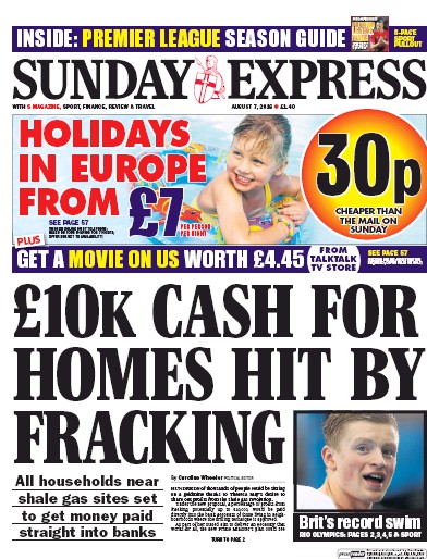 Daily Express Sunday (UK) Newspaper Front Page for 7 August 2016