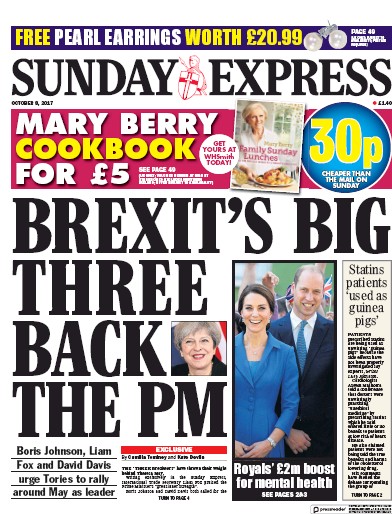 Daily Express Sunday Newspaper Front Page for 8 October 2017