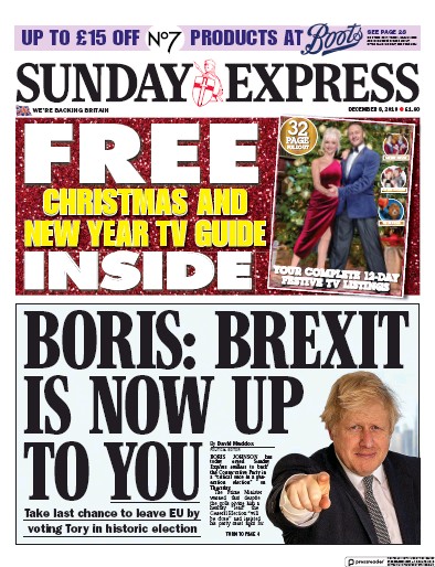 Daily Express Sunday Newspaper Front Page for 8 December 2019