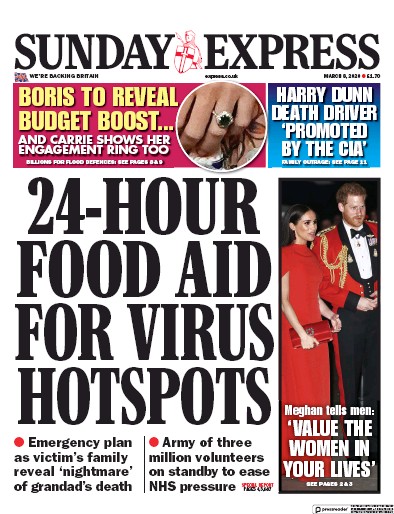 Daily Express Sunday Newspaper Front Page for 8 March 2020