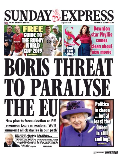 Daily Express Sunday Newspaper Front Page for 8 September 2019