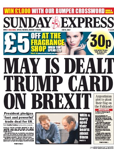 Daily Express Sunday Newspaper Front Page for 9 July 2017