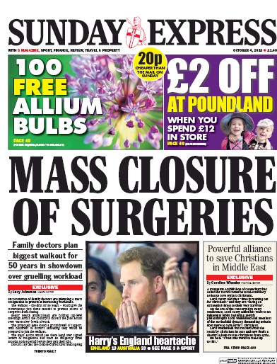 Daily Express Sunday Newspaper Front Page for 10 October 2015