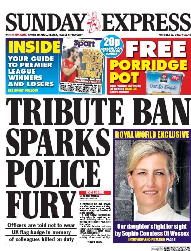 Daily Express Sunday Newspaper Front Page for 11 October 2015