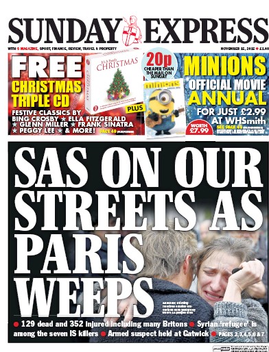 Daily Express Sunday (UK) Newspaper Front Page for 15 November 2015