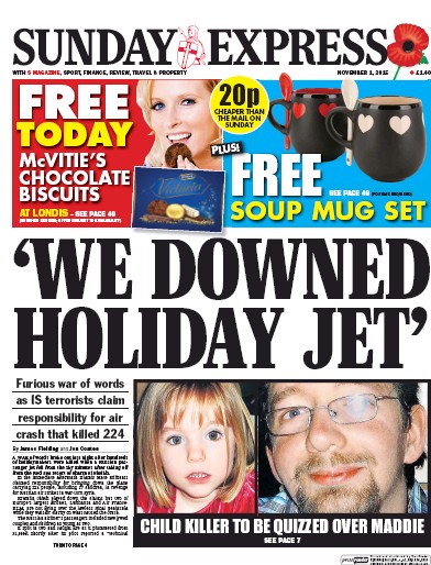 Daily Express Sunday Newspaper Front Page for 1 November 2015
