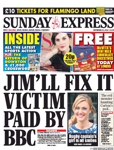 Daily Express Sunday Newspaper Front Page for 20 September 2015