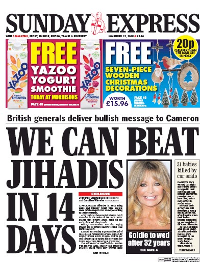 Daily Express Sunday Newspaper Front Page for 22 November 2015