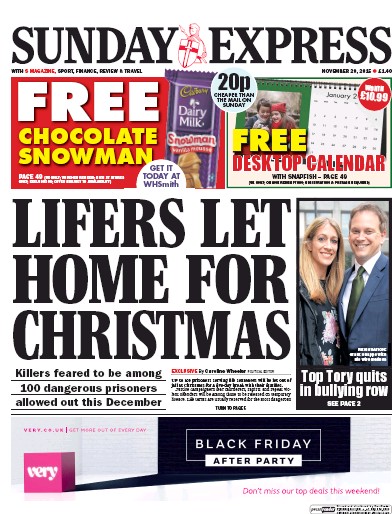 Daily Express Sunday Newspaper Front Page for 29 November 2015