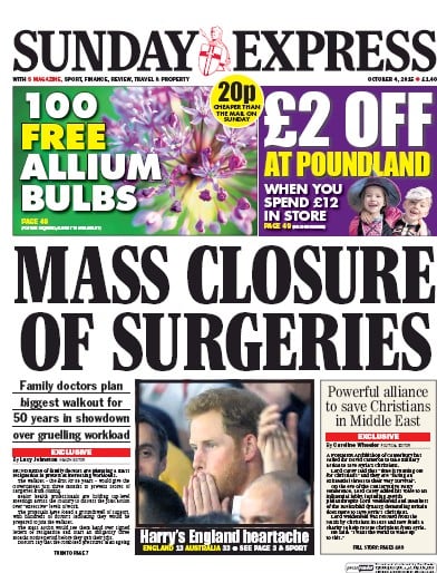 Daily Express Sunday (UK) Newspaper Front Page for 4 October 2015