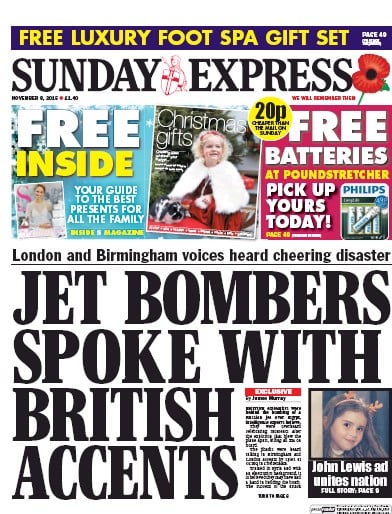 Daily Express Sunday (UK) Newspaper Front Page for 8 November 2015