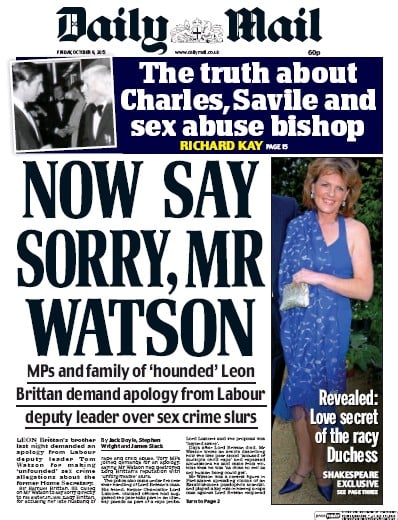 Daily Mail Newspaper Front Page for 10 October 2015