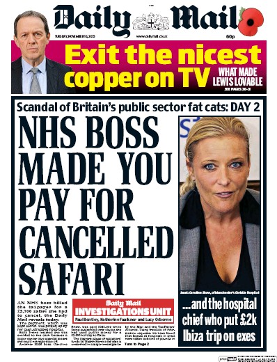 Daily Mail Newspaper Front Page for 10 November 2015