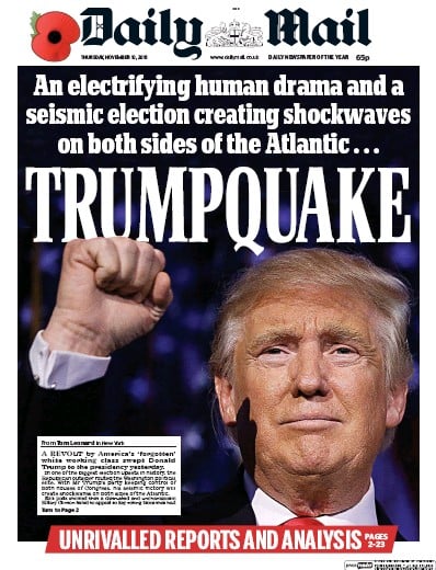 Daily Mail Newspaper Front Page for 10 November 2016
