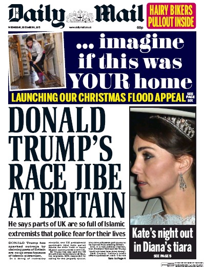 Daily Mail (UK) Newspaper Front Page for 10 December 2015