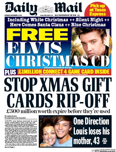 Daily Mail Newspaper Front Page for 10 December 2016