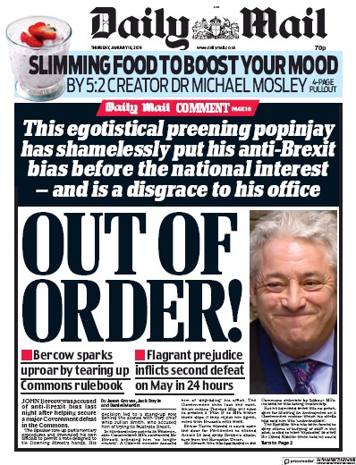 Daily Mail Newspaper Front Page for 10 January 2019