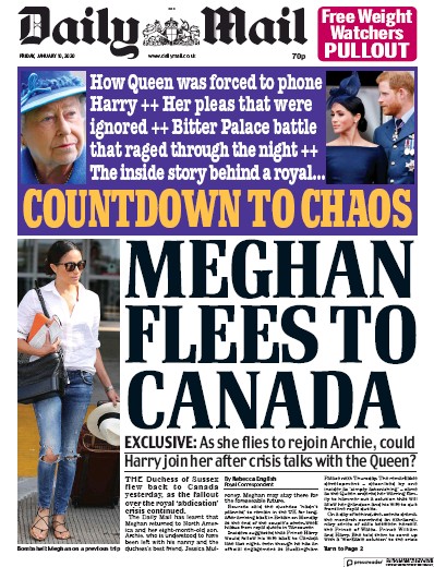 Daily Mail Newspaper Front Page for 10 January 2020