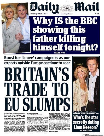 Daily Mail Newspaper Front Page for 10 February 2016