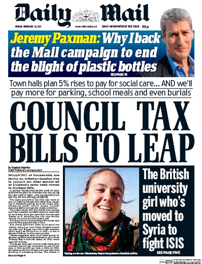 Daily Mail Newspaper Front Page for 10 February 2017