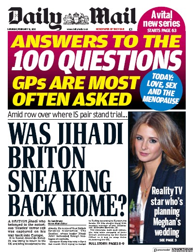 Daily Mail (UK) Newspaper Front Page for 10 February 2018