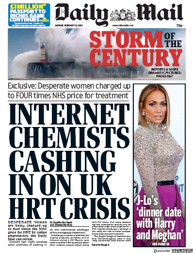 Daily Mail Newspaper Front Page for 10 February 2020