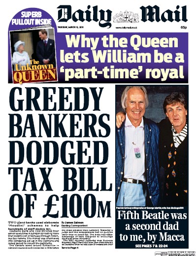 Daily Mail Newspaper Front Page for 10 March 2016