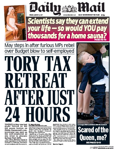 Daily Mail (UK) Newspaper Front Page for 10 March 2017