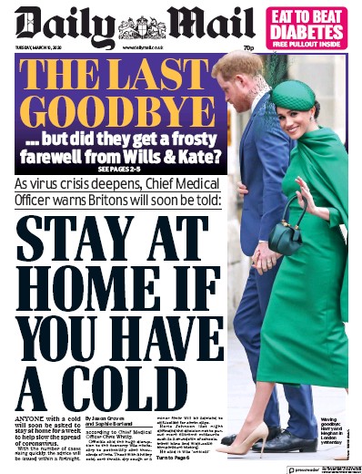 Daily Mail Newspaper Front Page for 10 March 2020