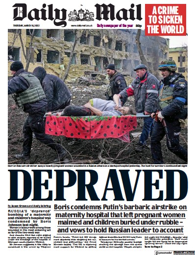 Daily Mail Newspaper Front Page for 10 March 2022