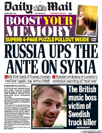 Daily Mail Newspaper Front Page for 10 April 2017