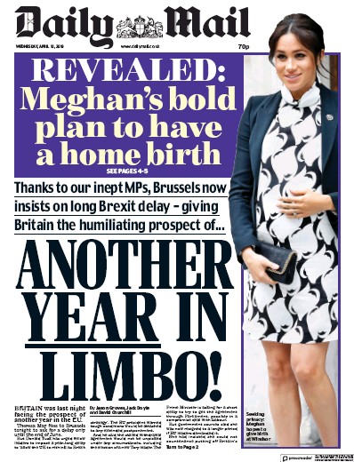 Daily Mail (UK) Newspaper Front Page for 10 April 2019