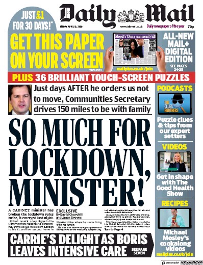 Daily Mail Newspaper Front Page for 10 April 2020