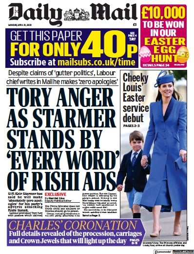 Daily Mail (UK) Newspaper Front Page for 10 April 2023