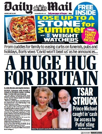 Daily Mail Newspaper Front Page for 10 May 2021
