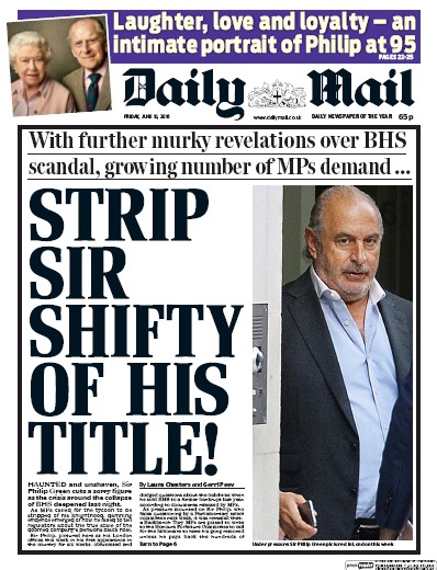 Daily Mail Newspaper Front Page for 10 June 2016