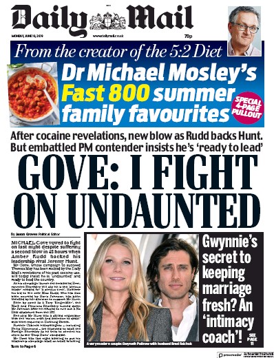 Daily Mail Newspaper Front Page for 10 June 2019