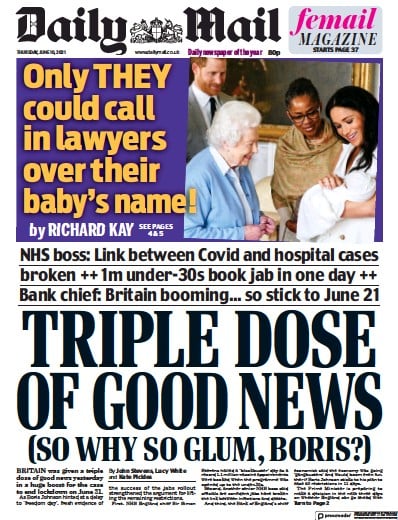 Daily Mail Newspaper Front Page for 10 June 2021