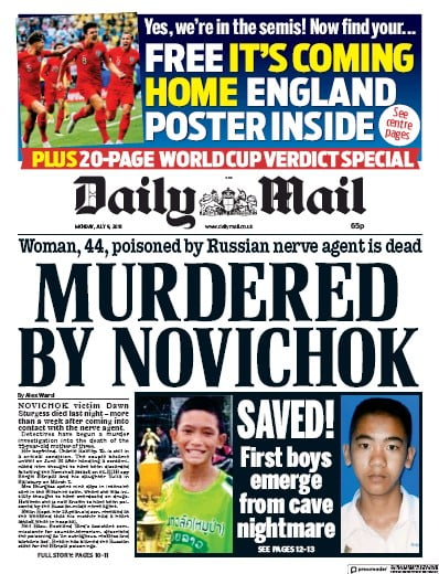 Daily Mail Newspaper Front Page for 10 July 2018
