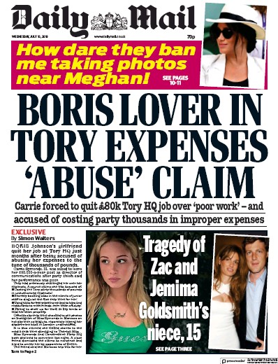 Daily Mail Newspaper Front Page for 10 July 2019
