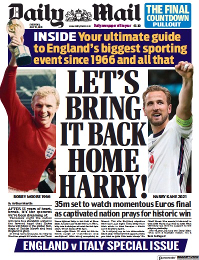 Daily Mail (UK) Newspaper Front Page for 10 July 2021