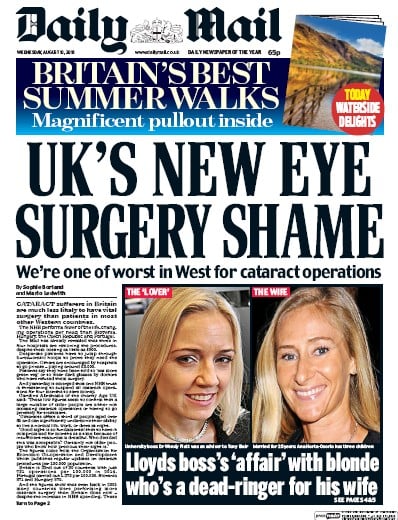 Daily Mail (UK) Newspaper Front Page for 10 August 2016